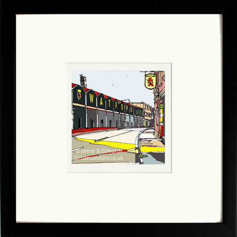 Watford's Vicarage Road print by artist Jamie B Edwards - black frame